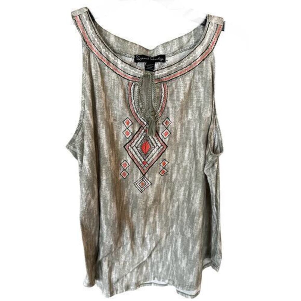 FRENCH LAUNDRY Sage Green Gathered tribal embroidered boho tank Plus Size 1X